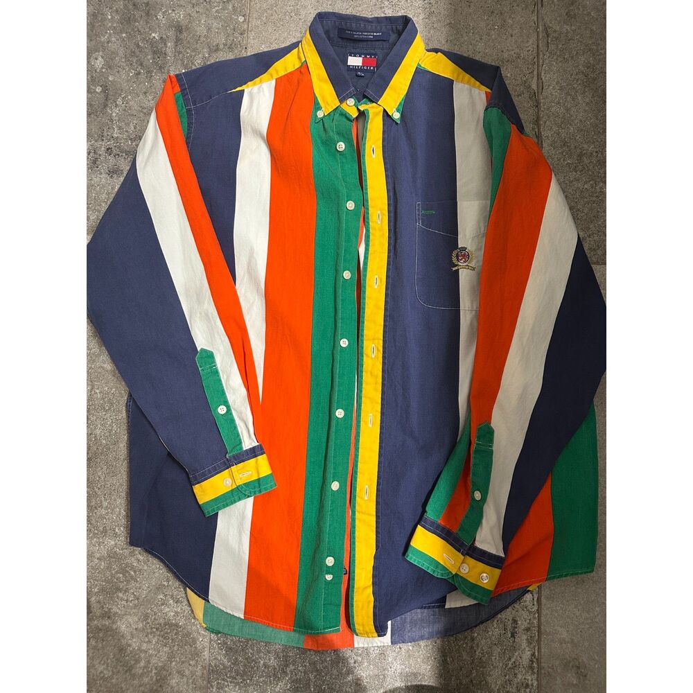 Size M Men True Vintage Tommy Hilfiger Color block Striped Button Down 90s Shirt